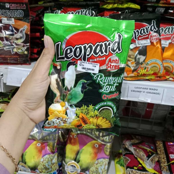 leopard-rumput-laut-ijo-pakan-pur-crumble-kasar-pakan-burung-pleci-kolibri-ciblek-tledekan-200gram